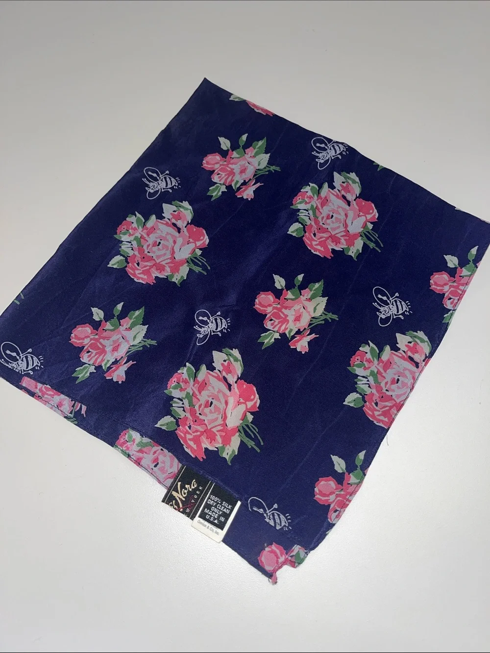 Nick & Nora Navy Silk Scarf with Bees & Pink Floral Bouquet Print